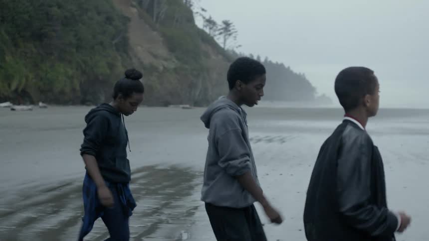 A girl and a couple of boys walking together along a foggy beach