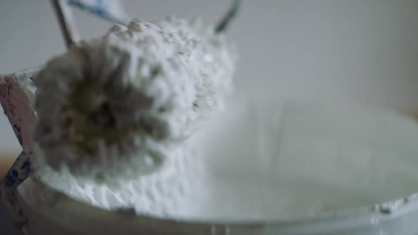 A roller is rolled through a bucket of white paint and then the excess is rolled off