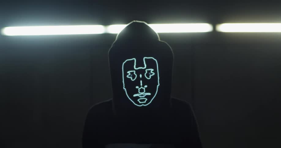 Person wearing digital animated mask