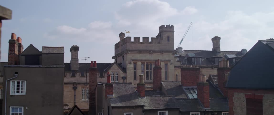 A bird flies through a town with older buildings