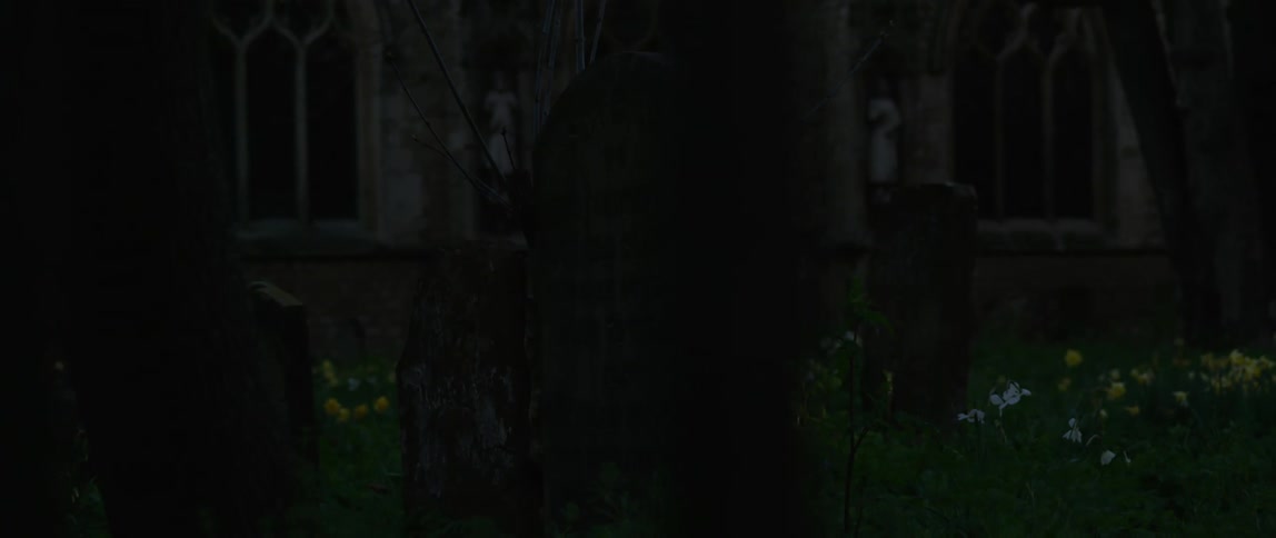 Flowers grow around headstones in a dark cemetery in Oxford England