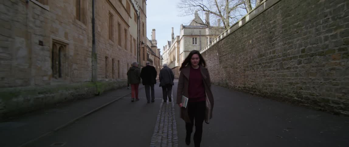 A woman carrying books smiles as she walks down a pedestrian road near old buildings and a wall