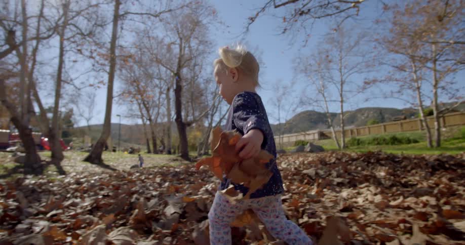 Little girl grabbing autumn leaves off the ground at a park