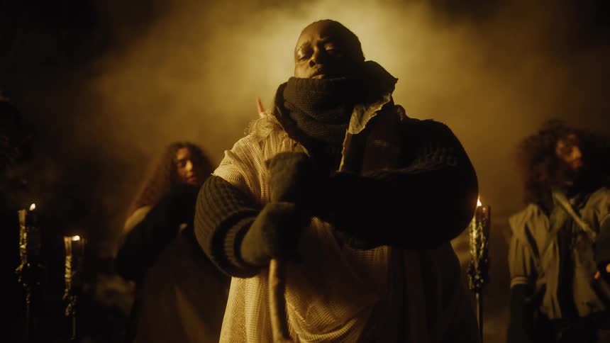 A man and woman dance behind a black man holding a stick and standing very still