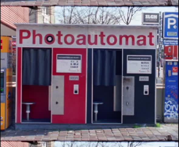Vintage photo booths in downtown area in the city