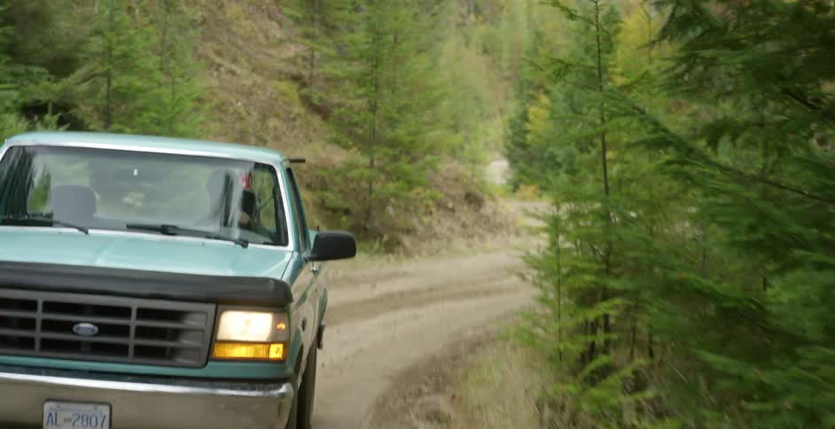 A white person drives a truck on a dirt road through a forest