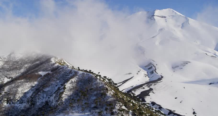 Aerial of a snow covered volcano and forest