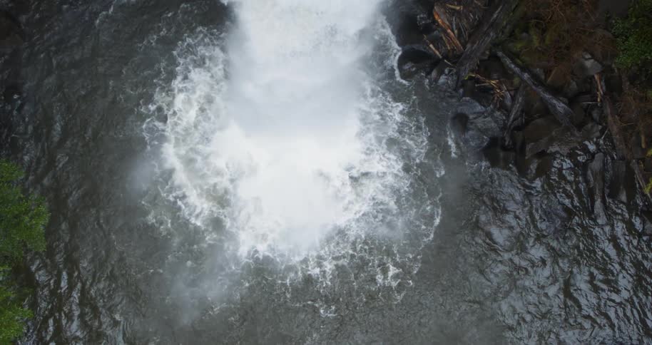 Birds eye view of a waterfall impacting the river below
