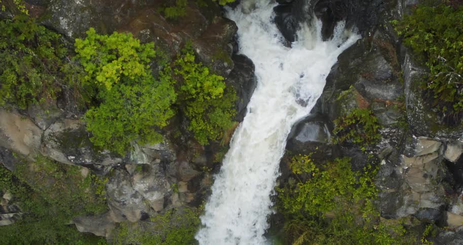 Birds eye view of a waterfall crashing down