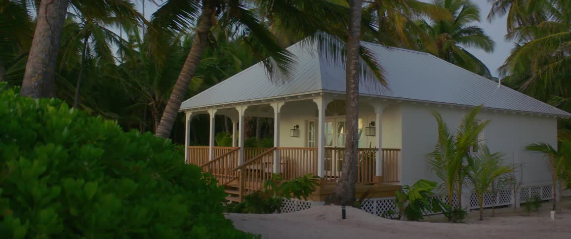 A house sits on a beach surrounded by palm trees