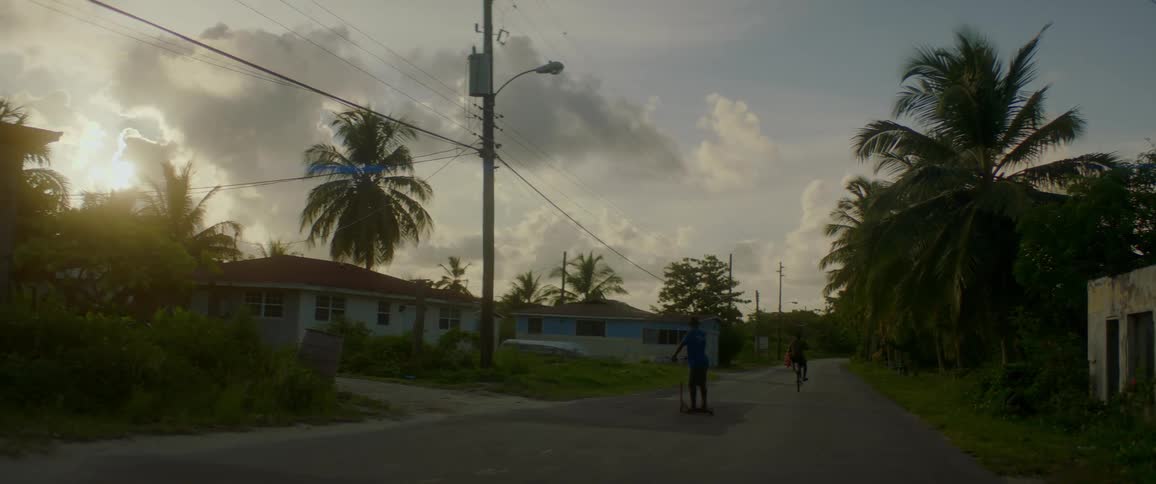 People riding bicycle and scooter on residential street with small homes and palm trees