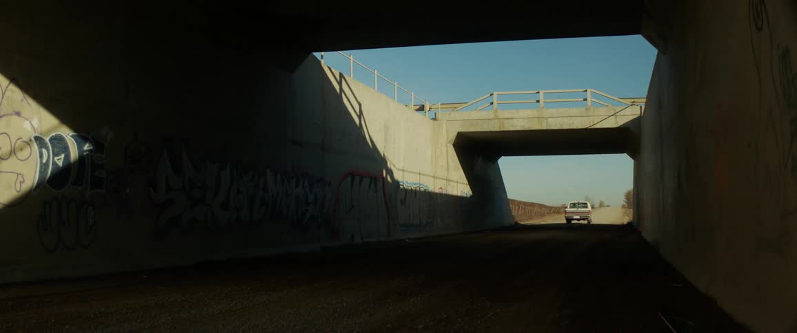 A car driving under an overpass near graffiti