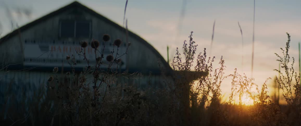 Vehicles drive past a barn
