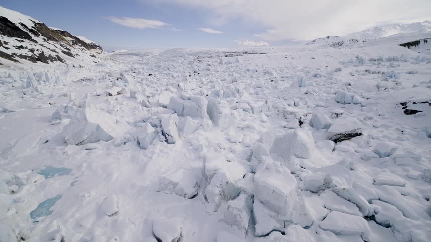 Chunks of ice and snow on the ground