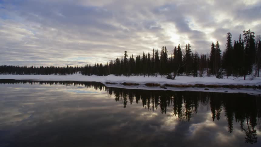 A partially frozen lake sits near a forest on a shoreline
