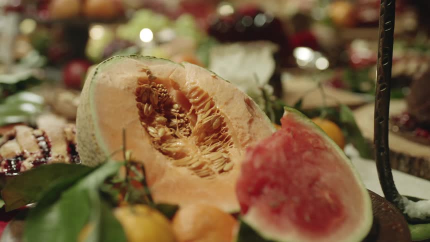 Fruit and other foods laid out on a table