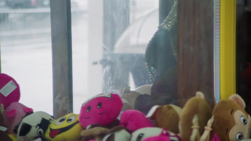 Toys sit in a claw machine at an arcade