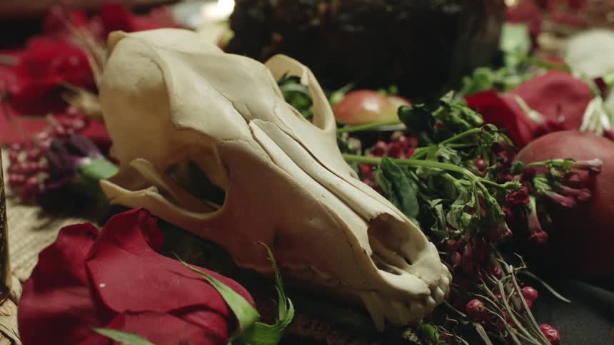 The table is set with the skull of an animal and flowers