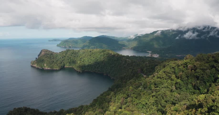 Aerial view of a tropical island coastline