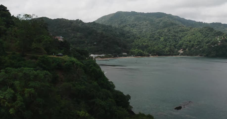 Aerial view of island village on coastline