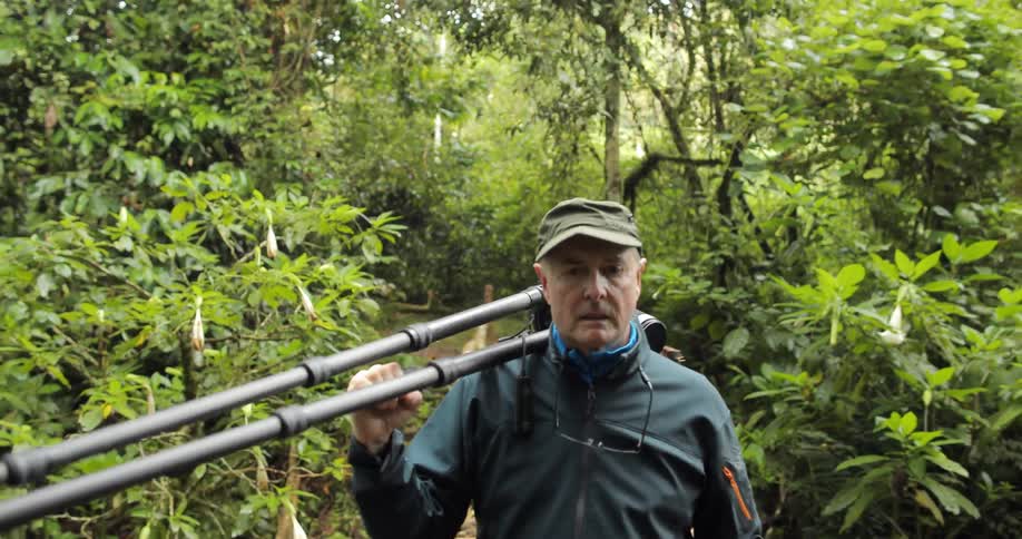 A man carries a camera and tripod across a forest bridge