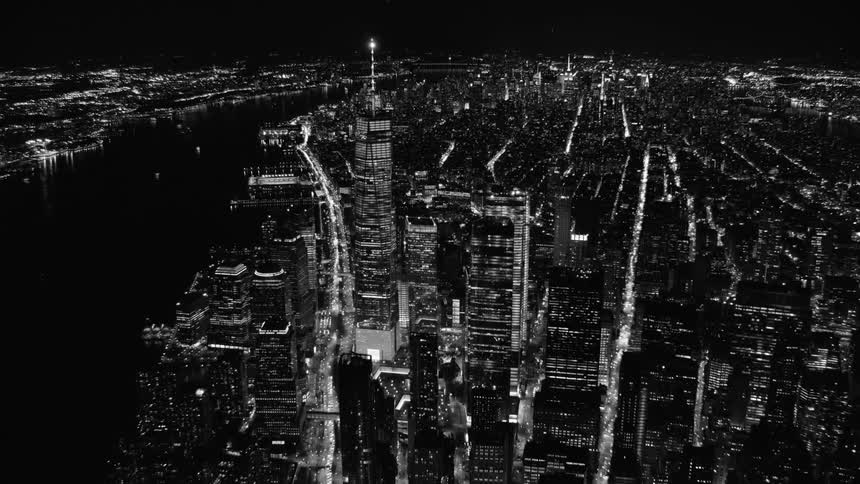 The city skyline on the water at night