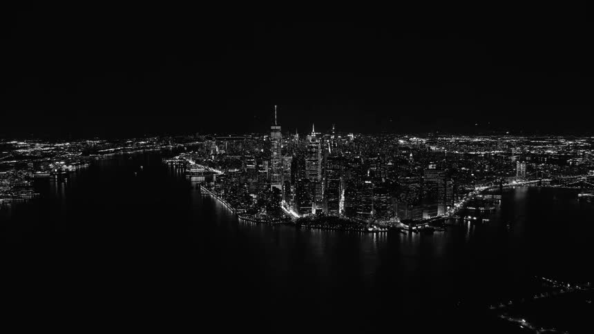 A city skyline on the water