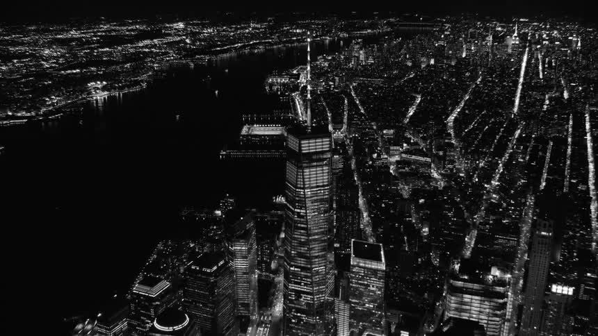 Aerial view of one world trade center in new york city at night