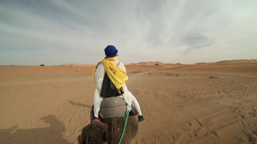 Person rides camel across desert as sun casts shadow of rider and animal onto ground