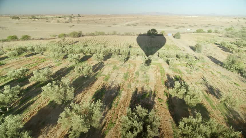 Shadow of hot air balloon coasting across a field in the country