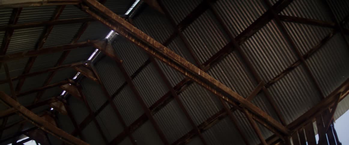 Sunlight filters through metal sheets on the roof of a warehouse