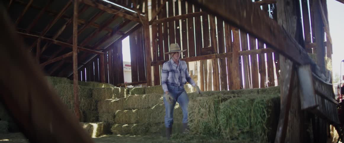 Female moves bales of hay from one area of the barn and stacks on top of another bale of hay