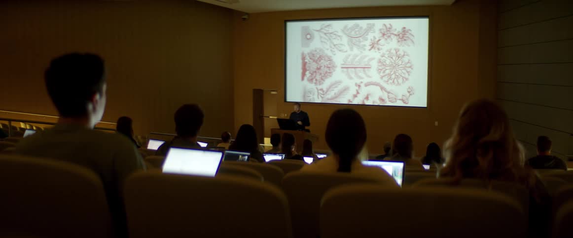 A lecturer shows slides to a lecture hall full of students