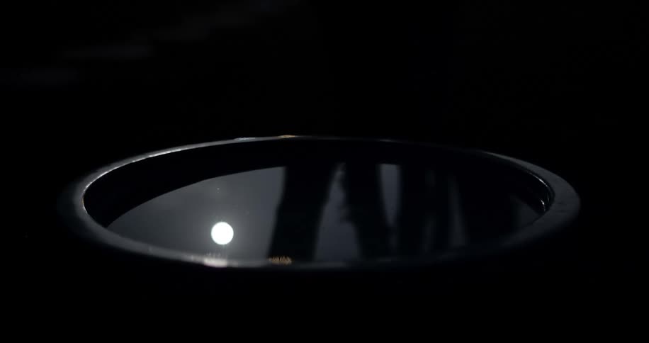 Tree trunks and a full moon are reflected on the surface of water in an oval container at night