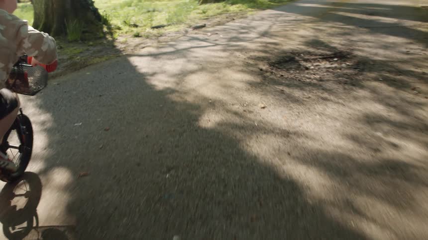 Child pedaling bicycle down long paved drivway