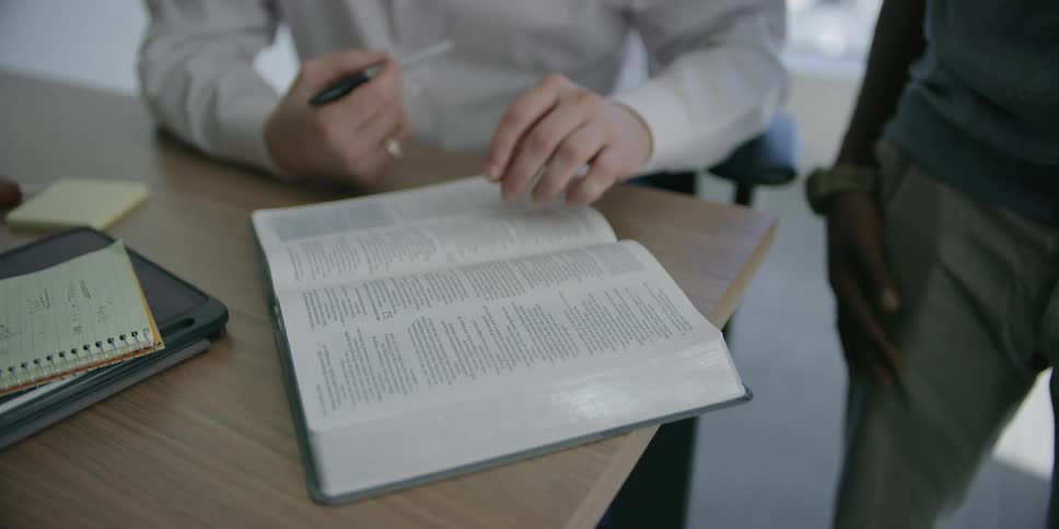 Black man and white man analyze a book