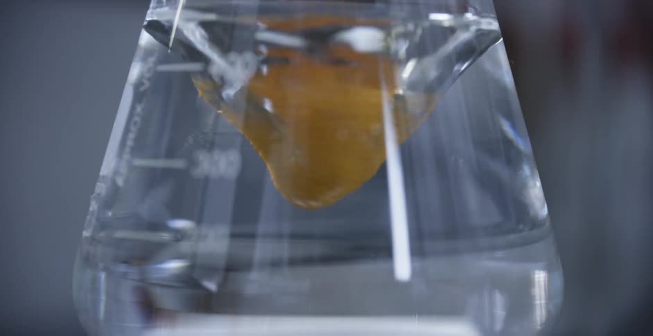 A beaker of clear liquid sits on a magnetic stirrer creating a vortex
