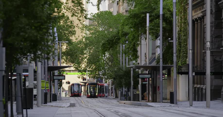Tram goes along metal tracks in the road
