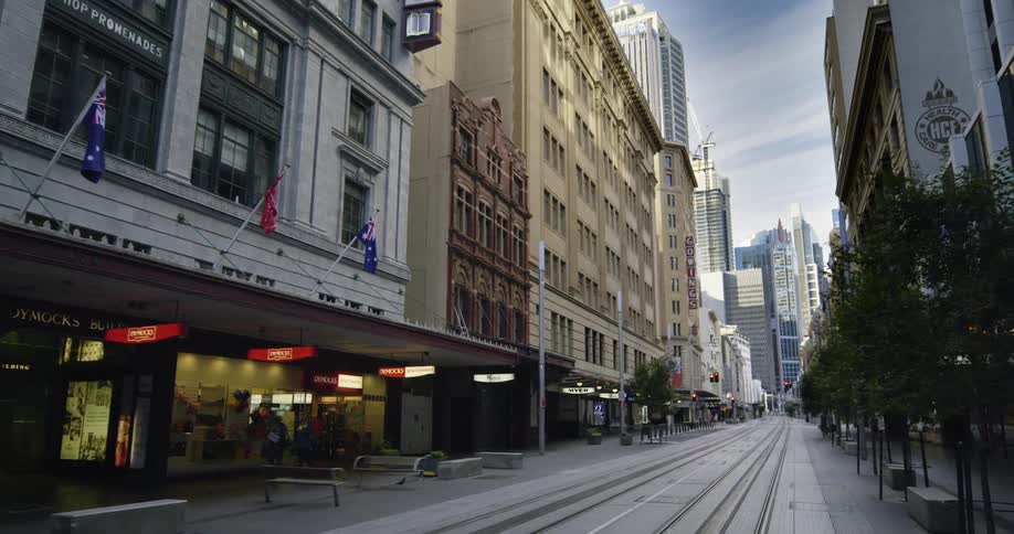 View of empty city streets and buildings