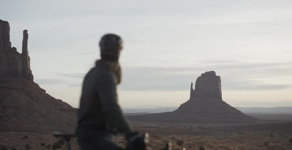 Bicyclist sits on a bike while looking at the desert