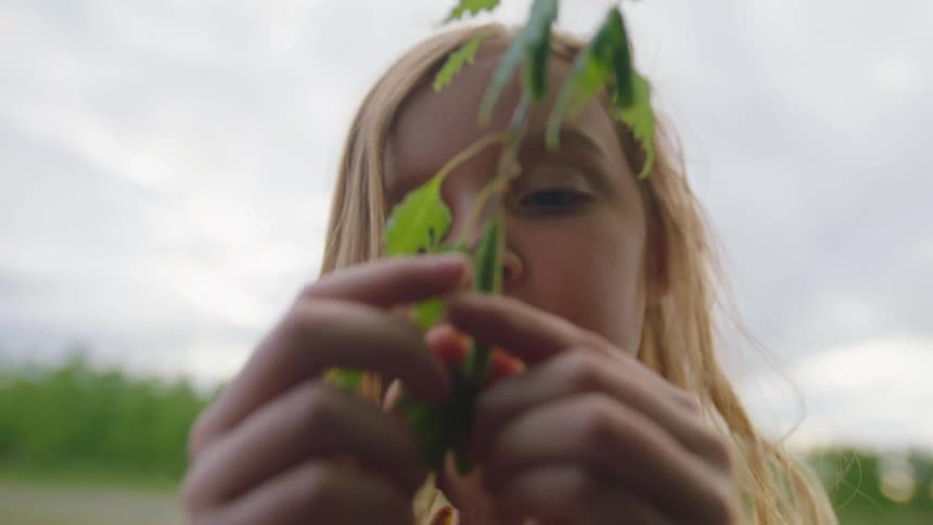 Blonde little girl plays with a branch of a tree