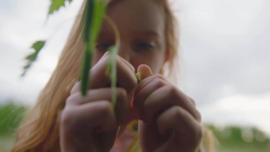 A white female teenager picks leaves from a tree