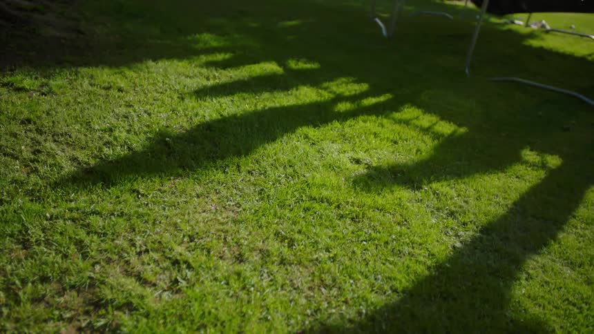 Kids jump on a trampoline on a grass lawn