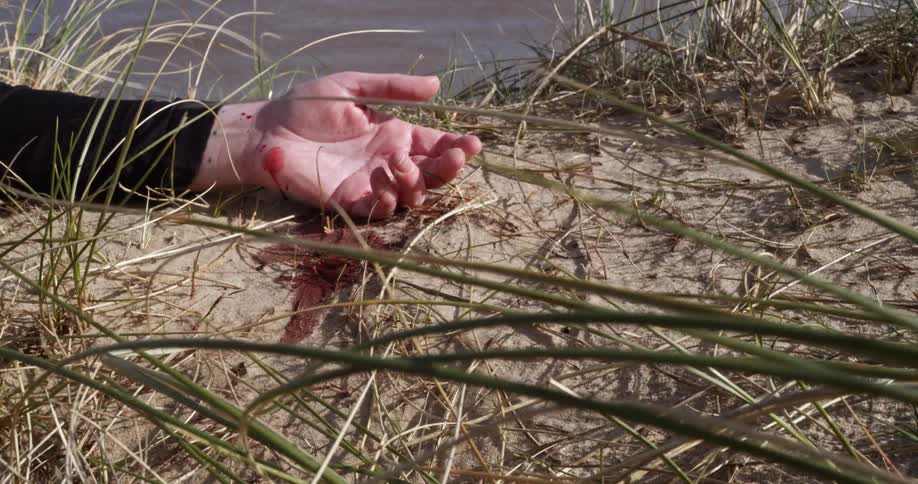 A womans hand lies on the ground amid a pool of blood