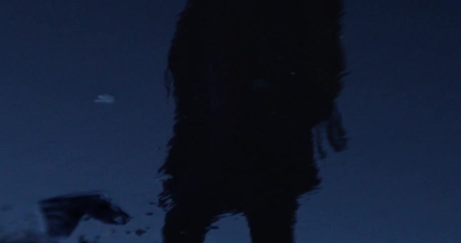 Person walking reflected in slightly rippling water