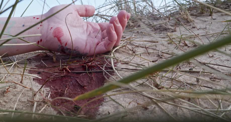 The hand of a man covered in blood lying in the soil