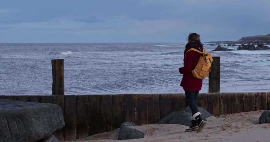 A woman stands on the coast and looks at the waves rolling in