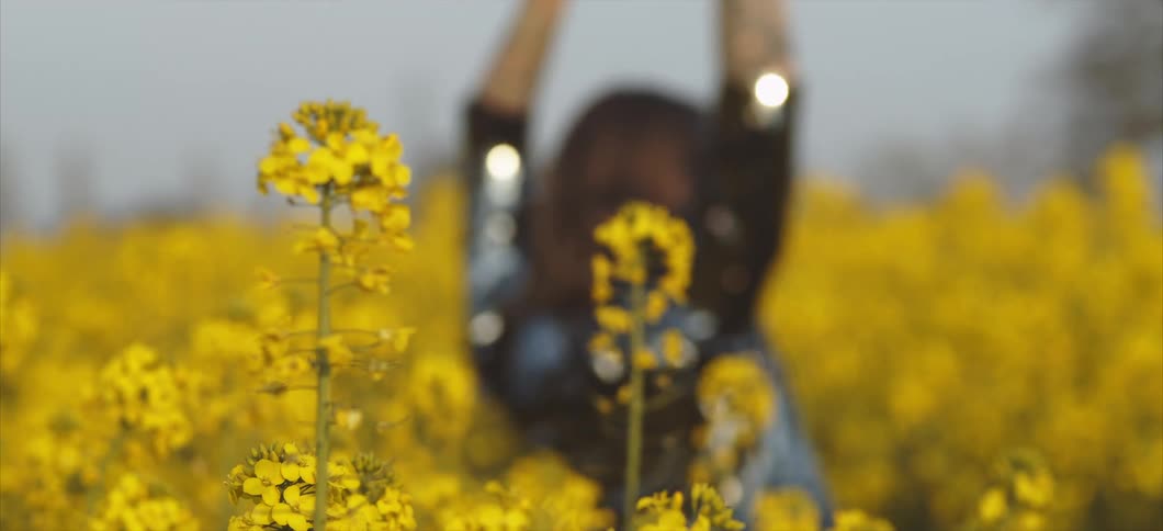 A woman dances in a field of flowers