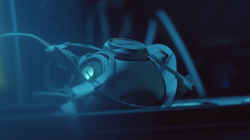 Device with glowing segment lays on flat surface in dimly lit room
