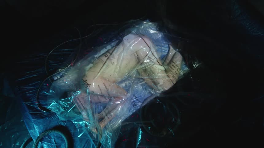 A human body in a plastic bag with text and computer code flashing on it